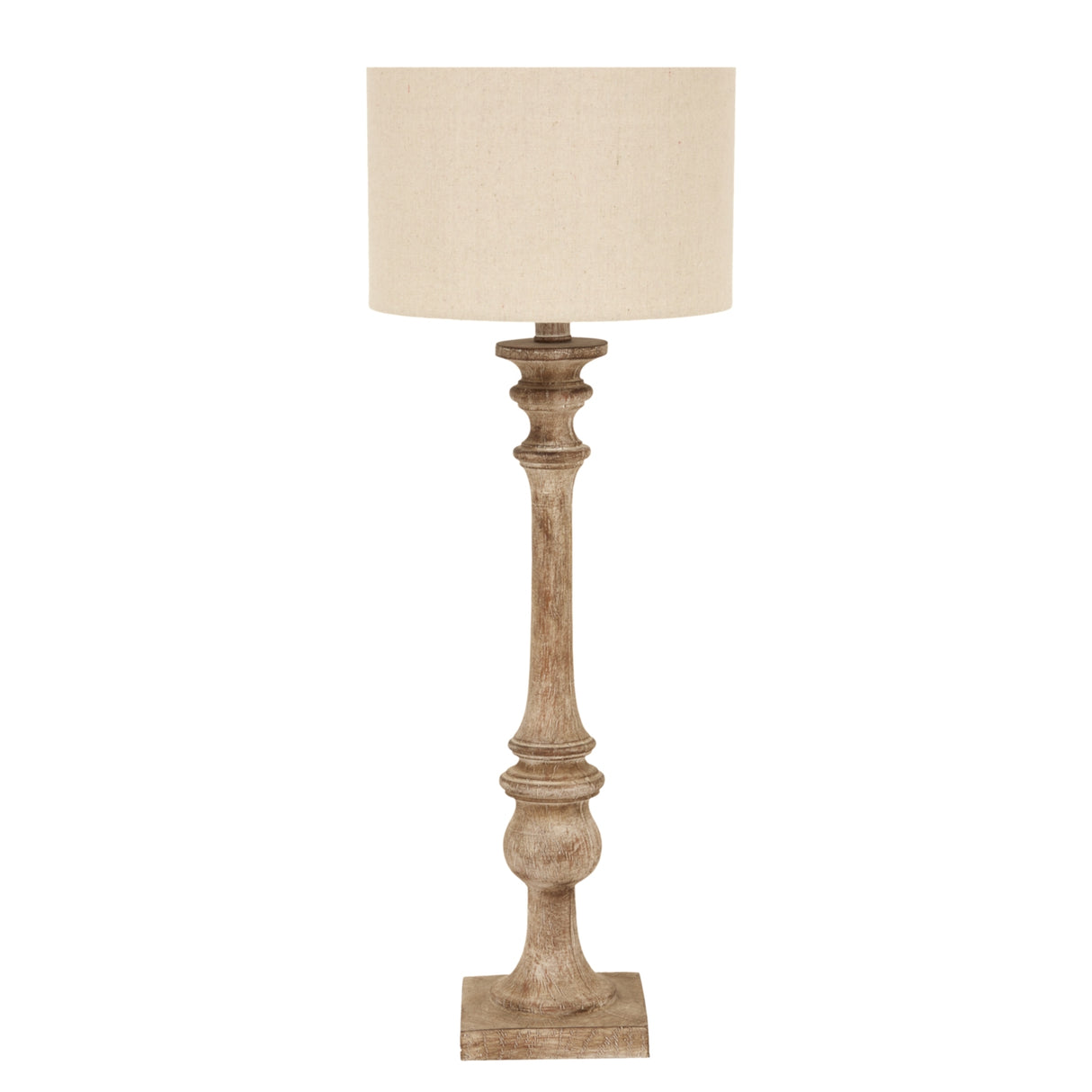Beige Linen Shade Table Lamp With Candlestick Wooden Base - Pallido