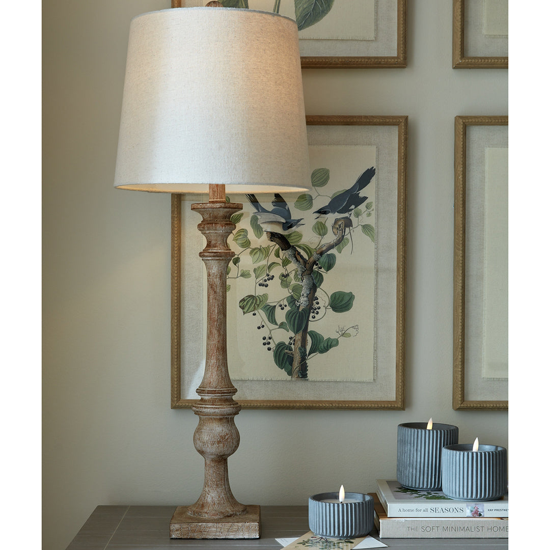 Beige Linen Shade Table Lamp With Candlestick Wooden Base - Pallido