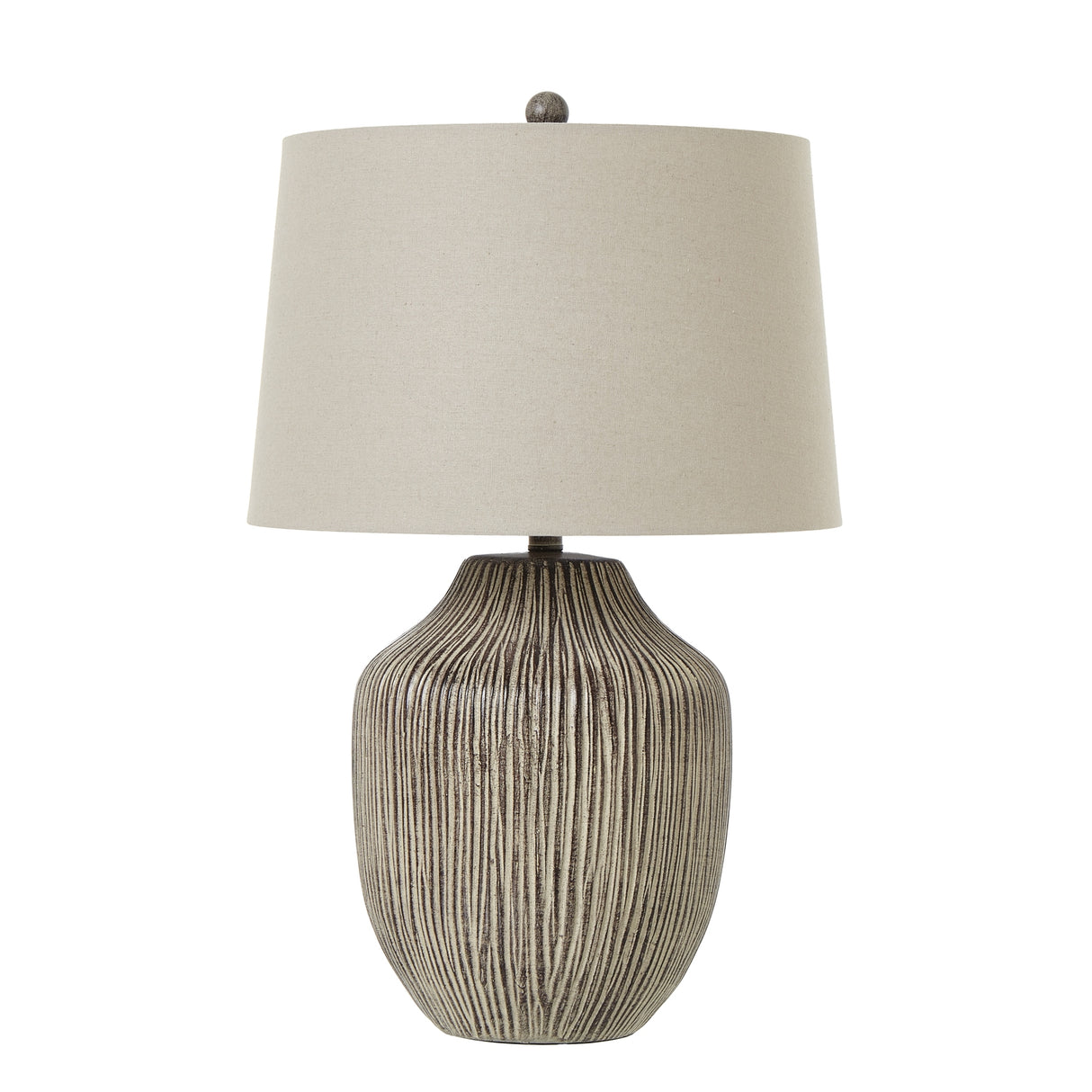 Beige Linen Shade Table Lamp With Carved Textured Wooden Base - Ochre