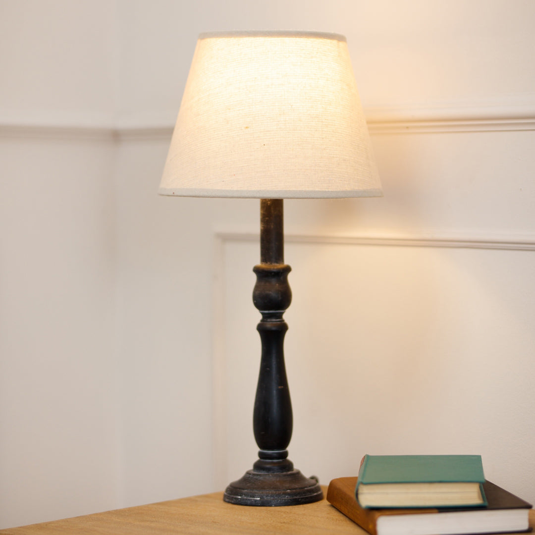 Beige Linen Shade Table Lamp With Column Black Wooden Base - Ravenna
