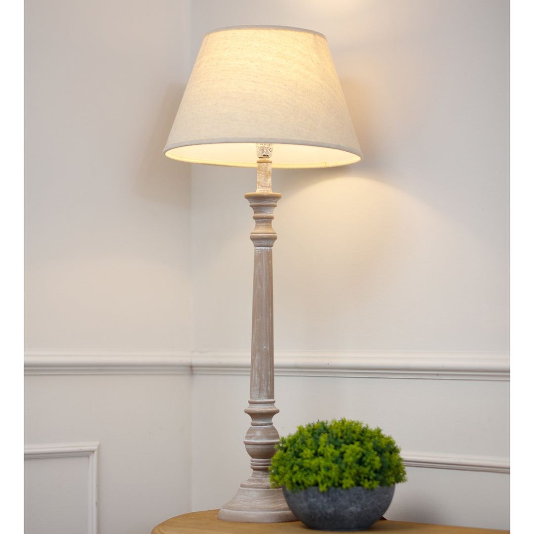 Beige Linen Shade Table Lamp With Grey Washed Wooden Base - Leptis