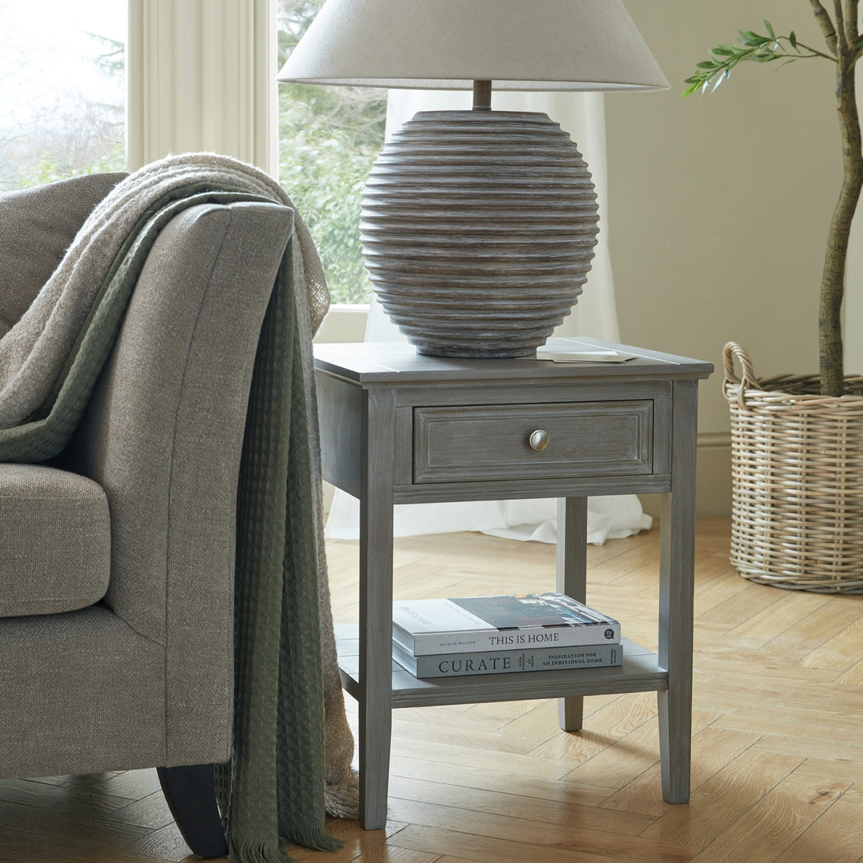 Beige Linen Shade Table Lamp With Neutral Wooden Base - Saturn