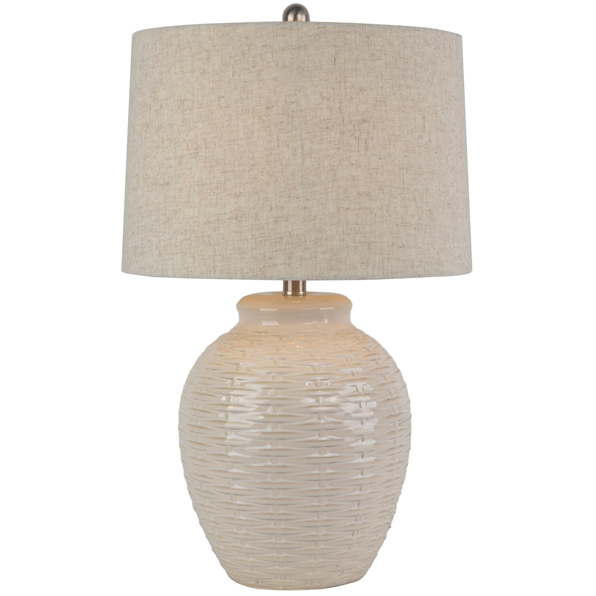 Beige Linen Shade Table Lamp With Textured Ceramic Base - Basketweave