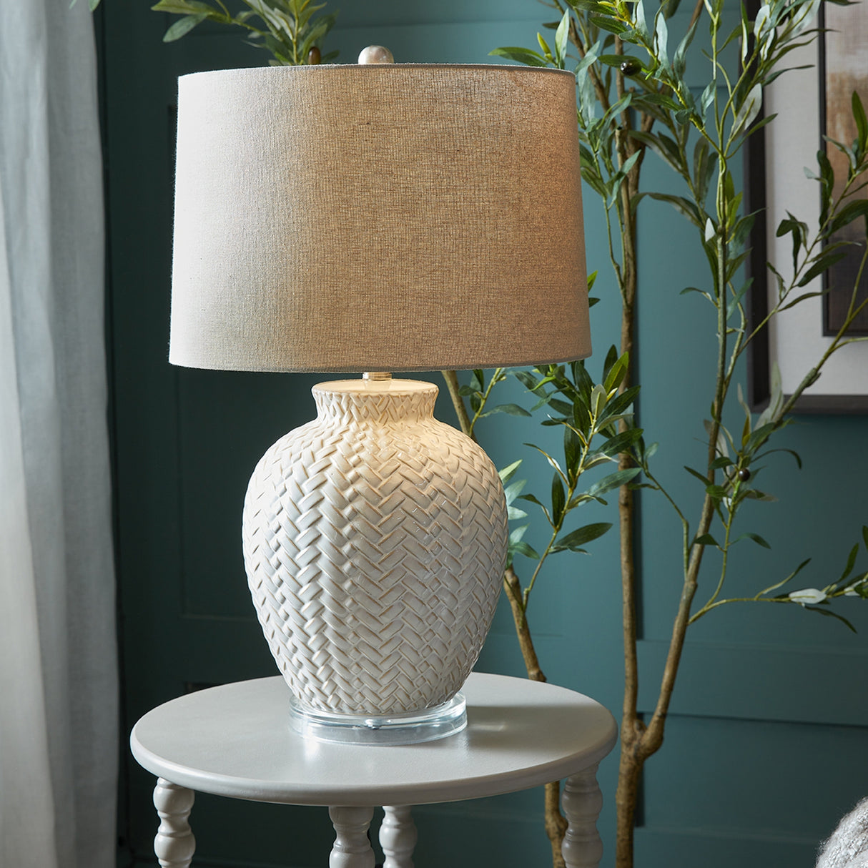 Beige Linen Shade Table Lamp With Weave Ceramic Base - Twill