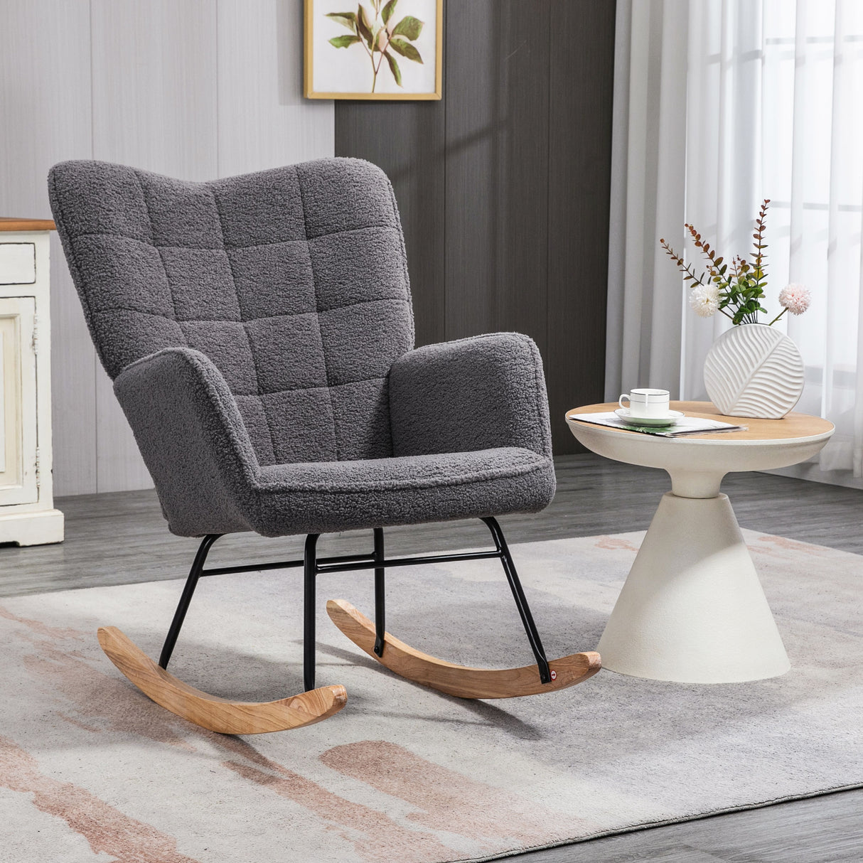 Berber Fleece Fabric Rocking Chair 71cm Wide With Wooden Base - Velmora