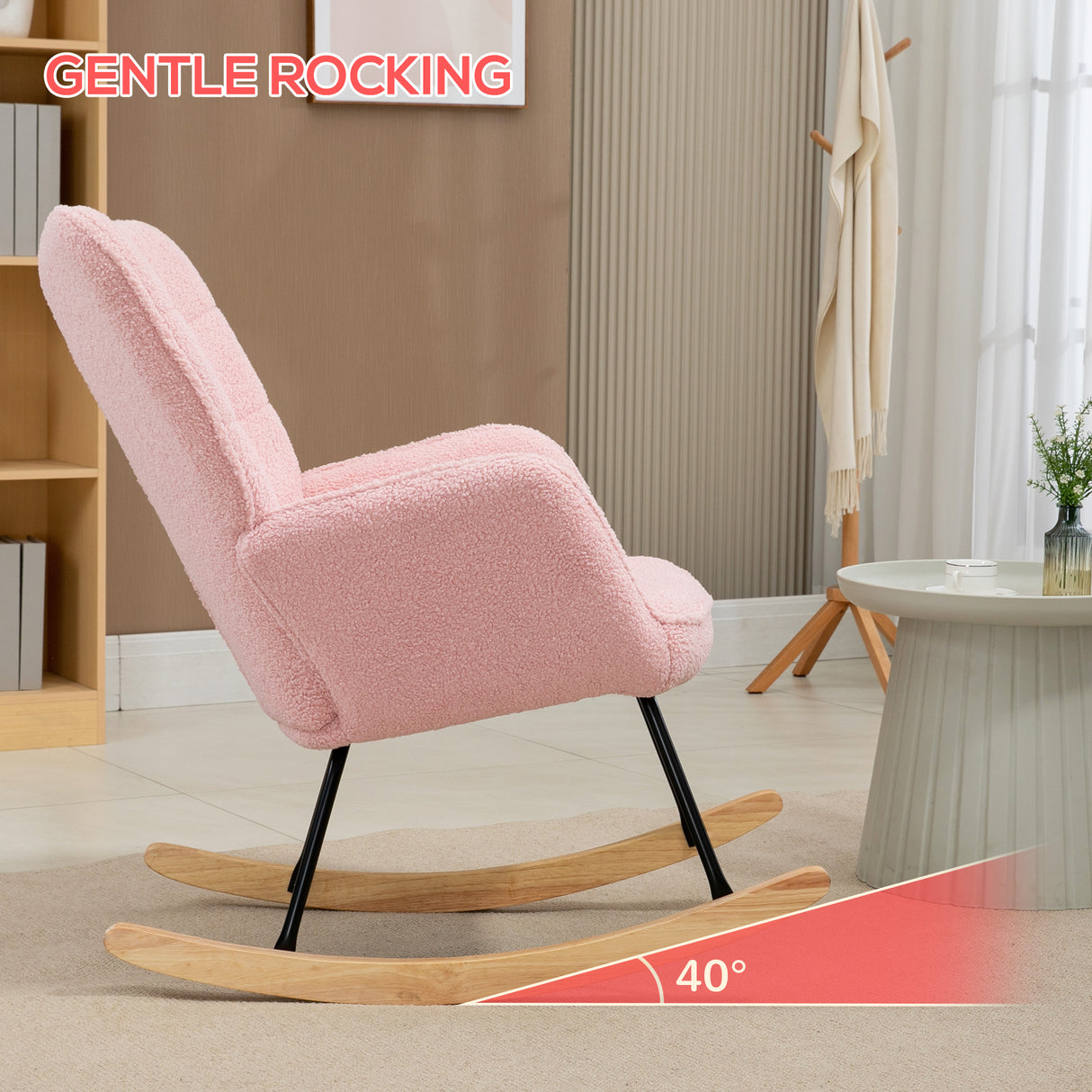 Berber Fleece Fabric Rocking Chair 71cm Wide With Wooden Base - Velmora