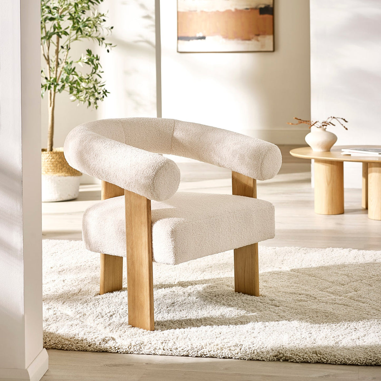 Boucle Fabric Accent Armchair With Wooden Legs - Freya