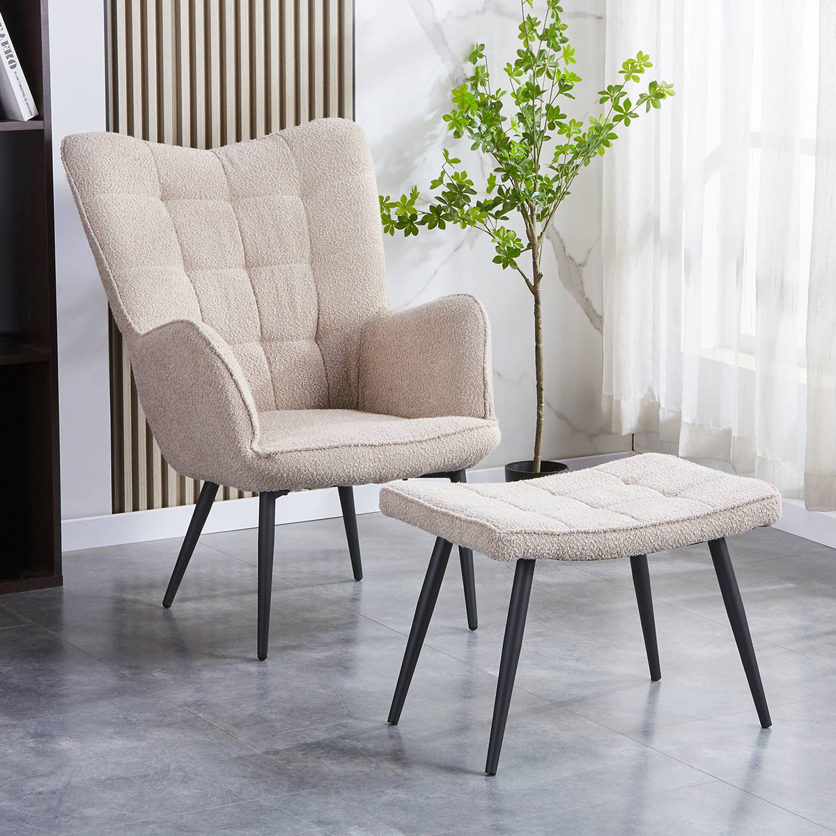 Boucle Fabric Armchair With Footstool - Paris