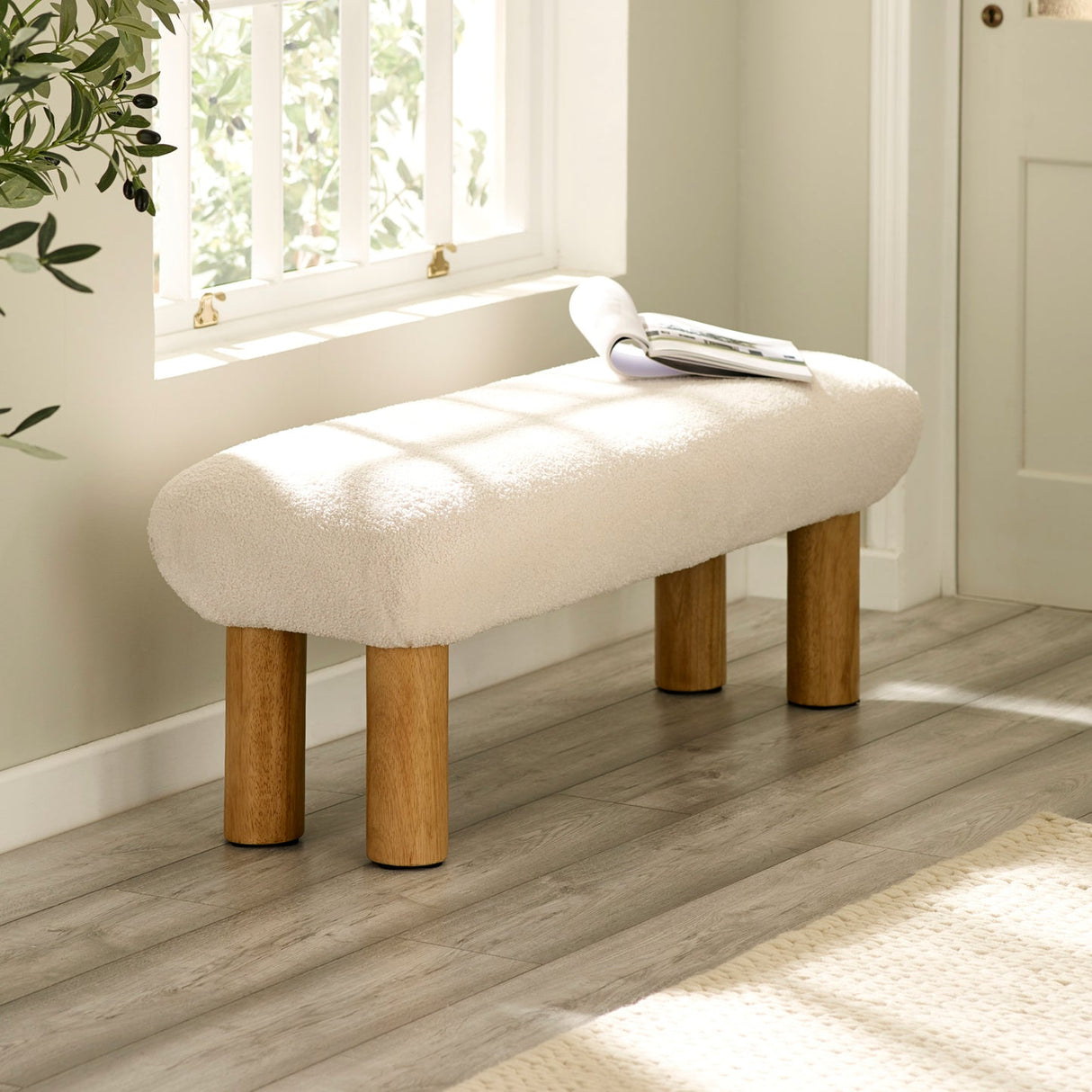 Boucle Fabric Hallway Seating Bench With Wooden Legs - Freya