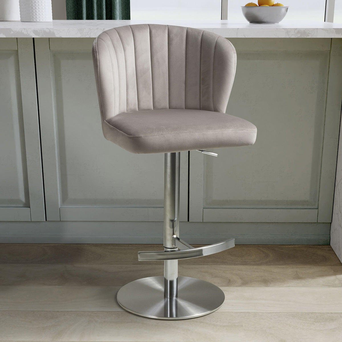 Brushed Velvet Bar Stool With Brushed Stainless Steel Circular Base - Sigma