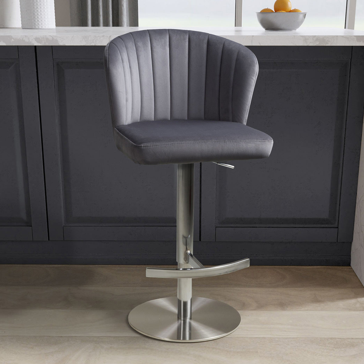 Brushed Velvet Bar Stool With Brushed Stainless Steel Circular Base - Sigma