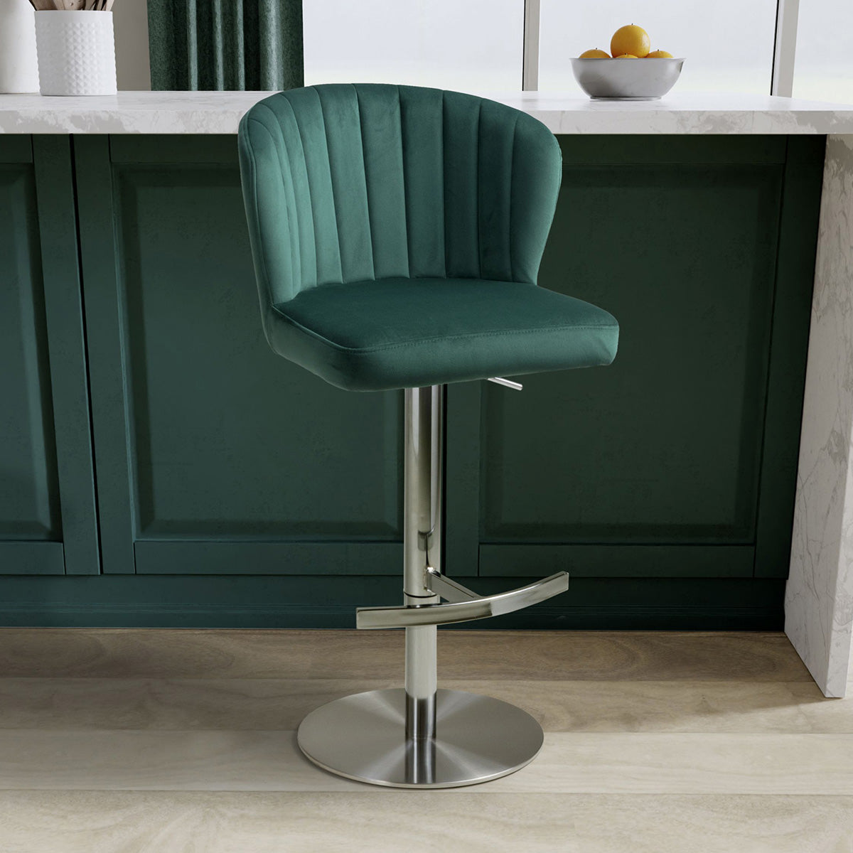 Brushed Velvet Bar Stool With Brushed Stainless Steel Circular Base - Sigma