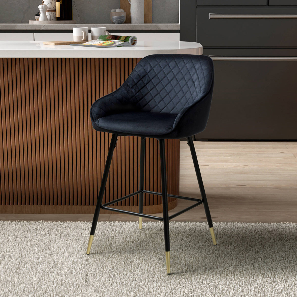 Brushed Velvet Bar Stools in Set Of 2 With Black Metal Tapered Legs - Savanna