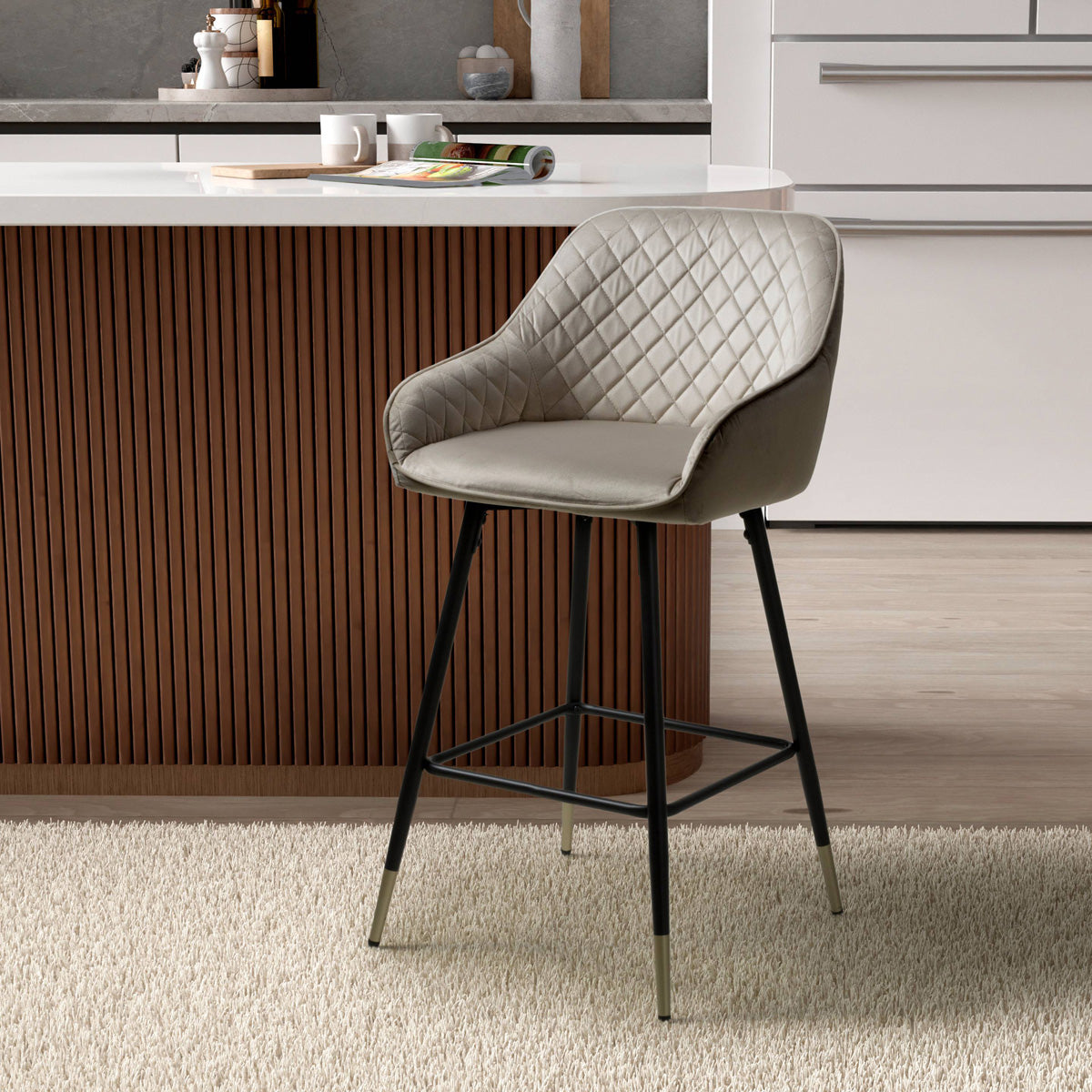 Brushed Velvet Bar Stools in Set Of 2 With Black Metal Tapered Legs - Savanna