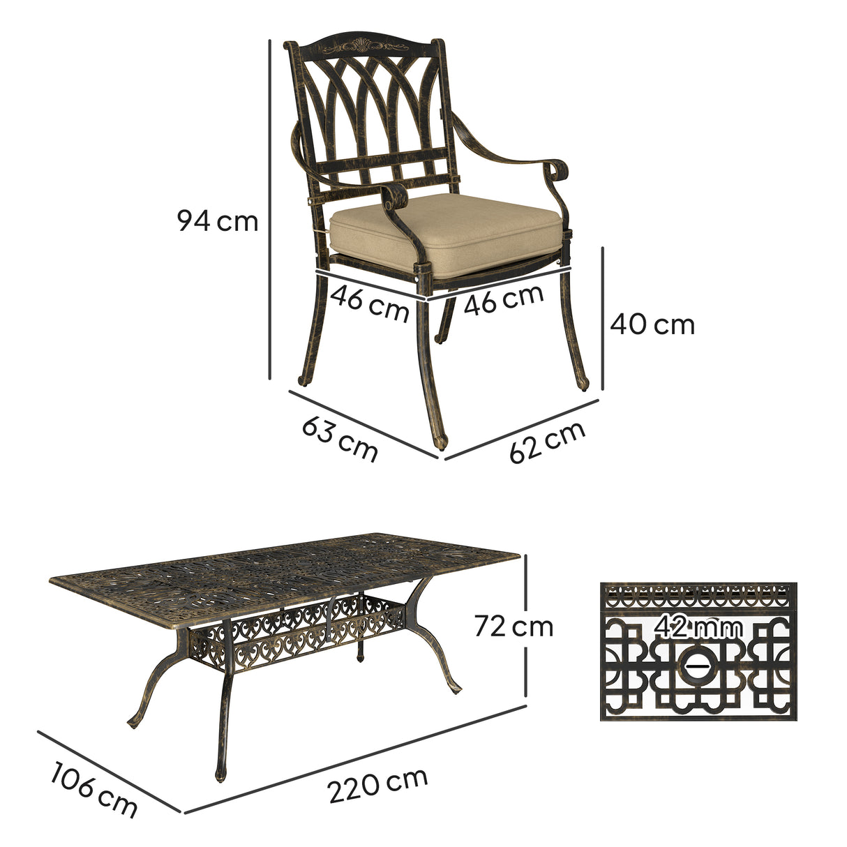 Cast Aluminium 8 Seater Garden Dining Set With Beige Cushions - Velmora