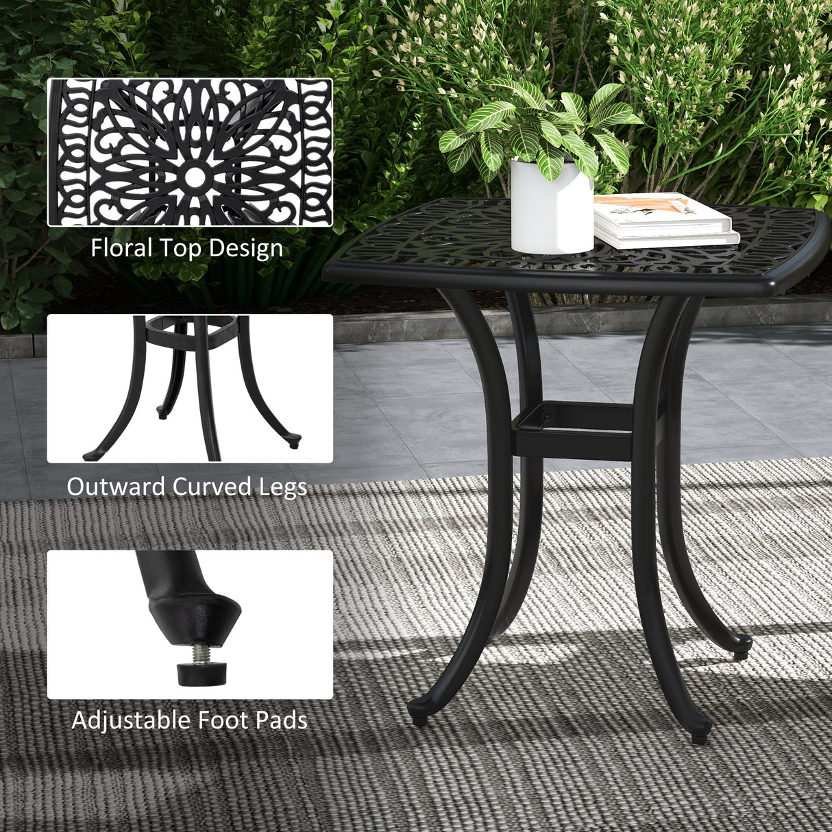 Cast Aluminium Outdoor Garden Bistro Table With Umbrella Hole Square - Velmora