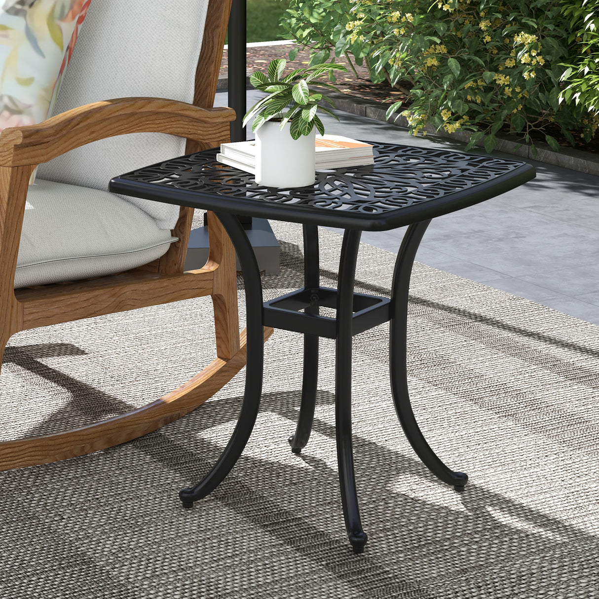 Cast Aluminium Outdoor Garden Bistro Table With Umbrella Hole Square - Velmora