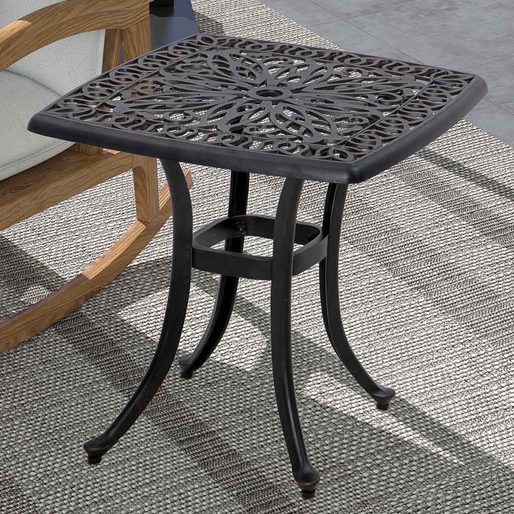 Cast Aluminium Outdoor Garden Bistro Table With Umbrella Hole Square - Velmora