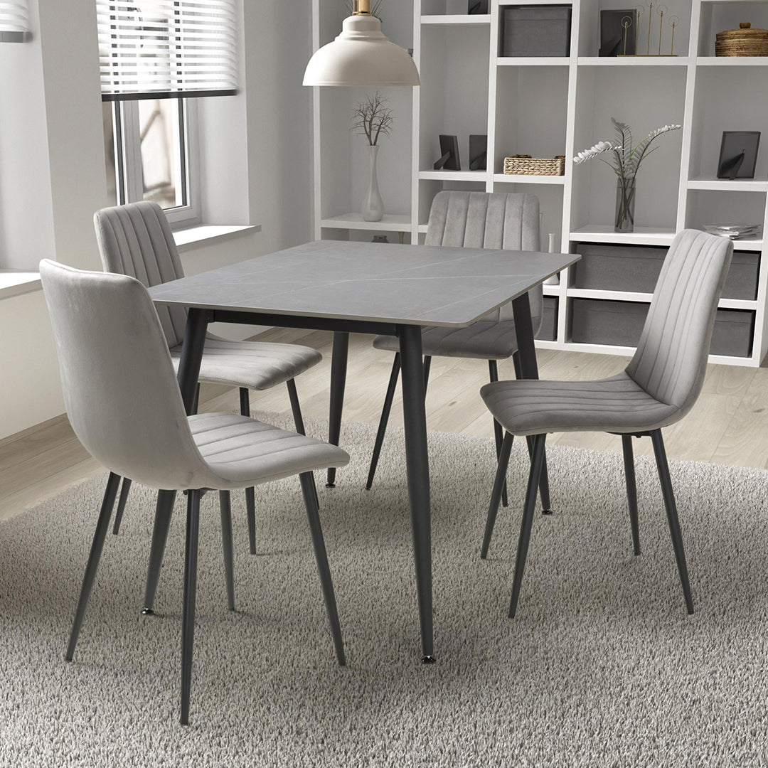 Ceramic Dining Table 120cm in Grey With 4 Lisbon Velvet Chairs - Monaco