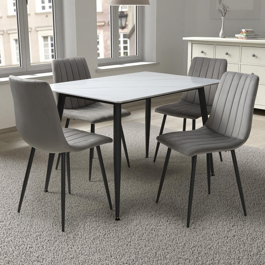 Ceramic Dining Table 120cm in White With 4 Lisbon Velvet Chairs - Monaco