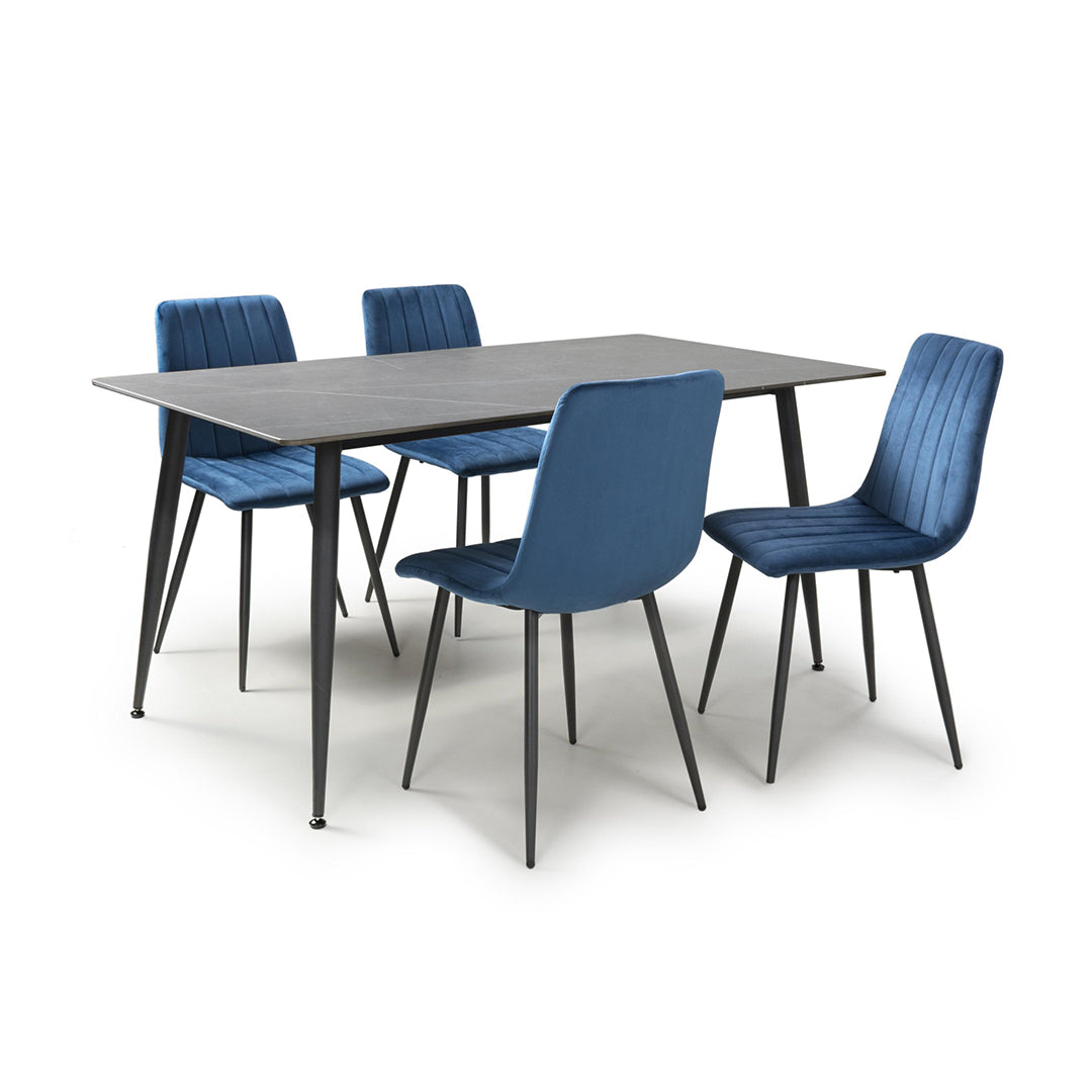 Ceramic Dining Table 160cm in Grey With 4 Lisbon Velvet Chairs - Monaco