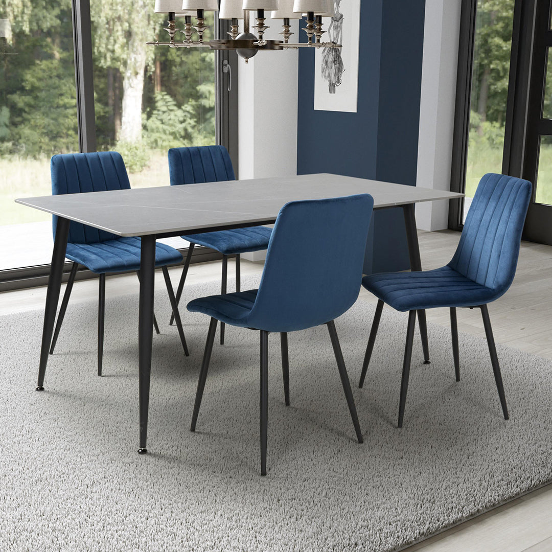 Ceramic Dining Table 160cm in Grey With 4 Lisbon Velvet Chairs - Monaco