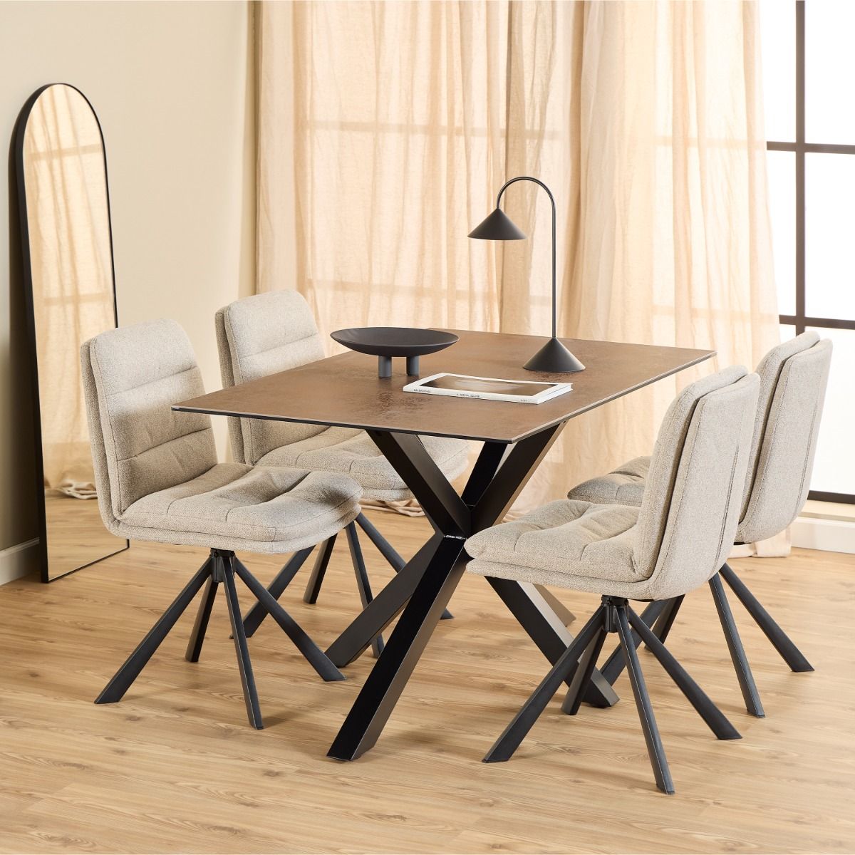 Ceramic Dining Table With 4 Dean Swivel Beige Dining Chairs - Heaven