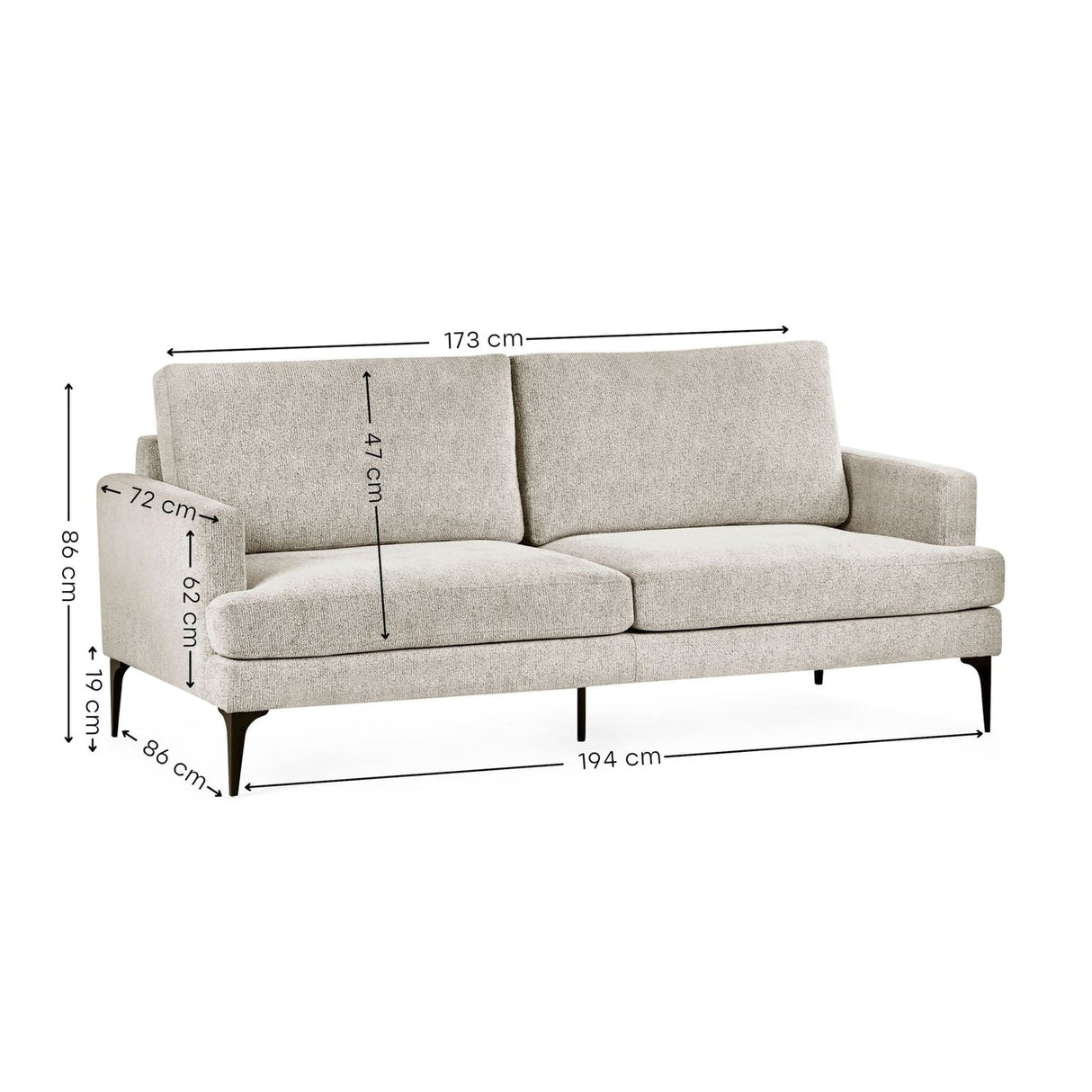 Chenille Fabric 3 Seater Sofa With Slim Black Legs - Carrera