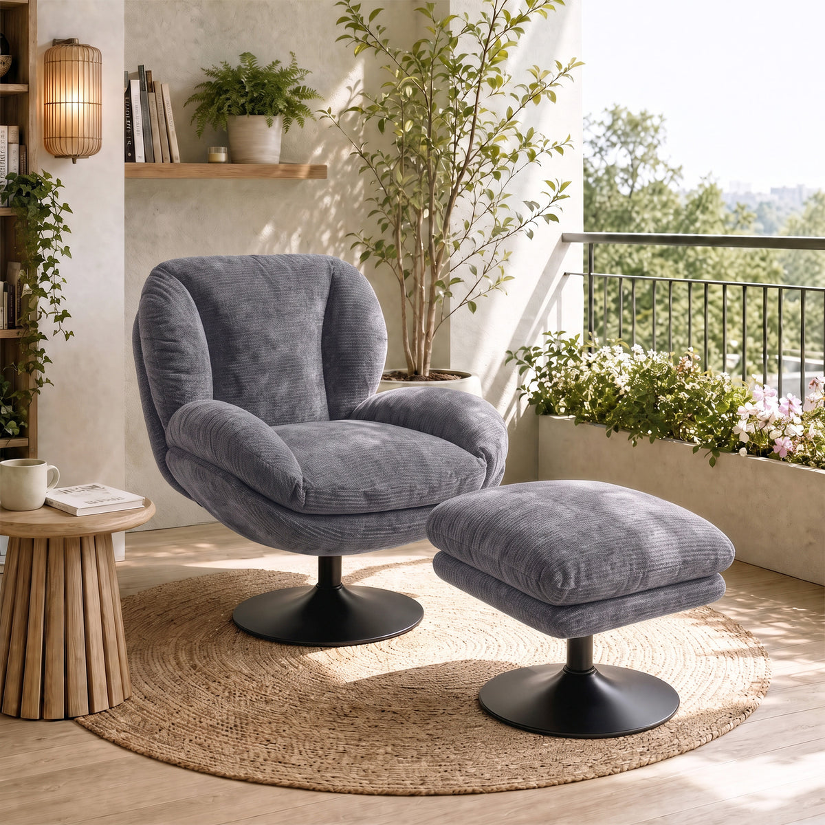Chenille Fabric Armchair 69cm Wide With Ottoman - Velmora