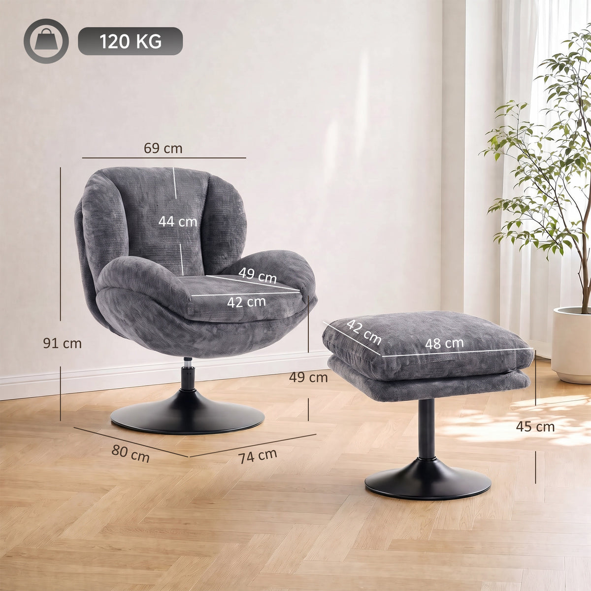 Chenille Fabric Armchair 69cm Wide With Ottoman - Velmora