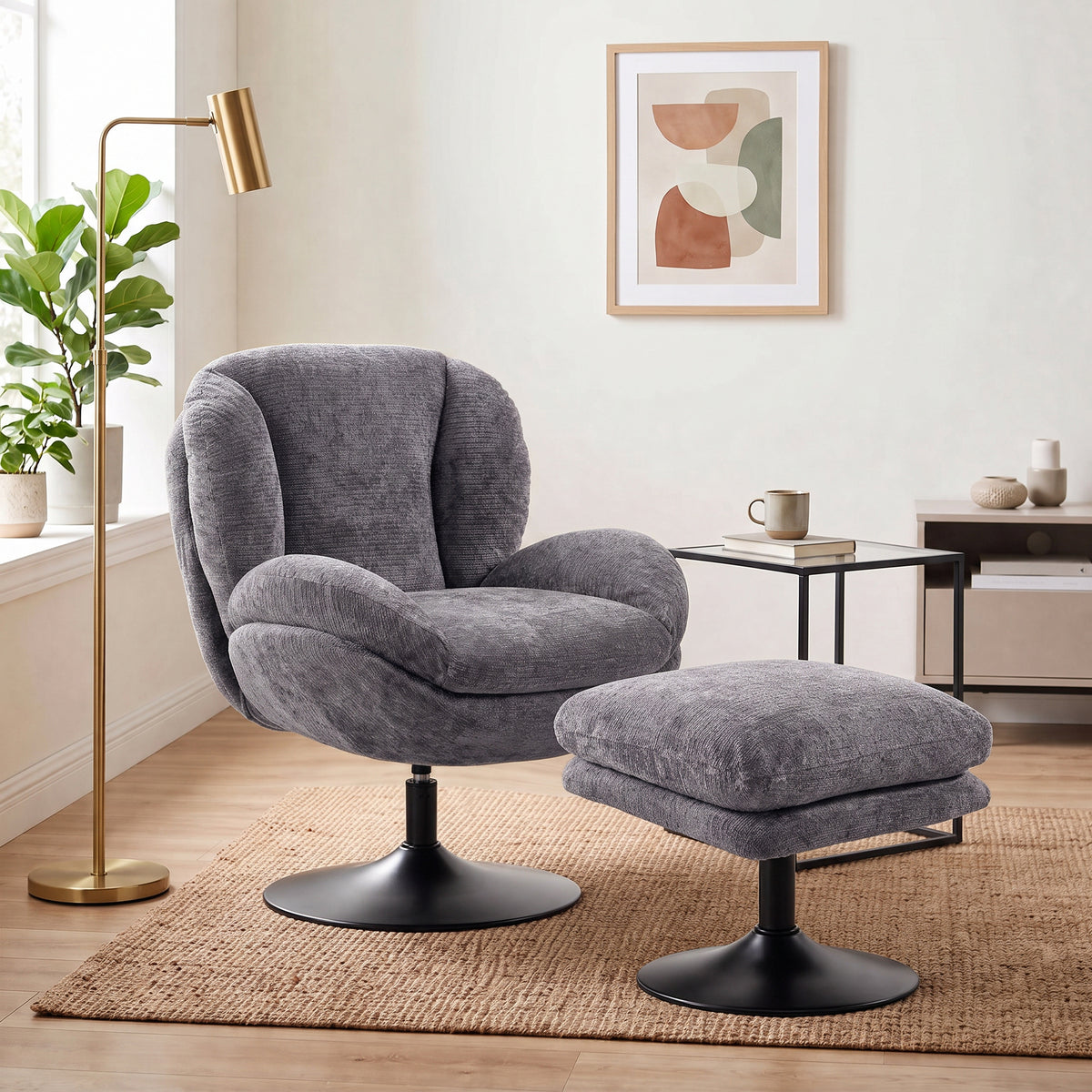 Chenille Fabric Armchair 69cm Wide With Ottoman - Velmora