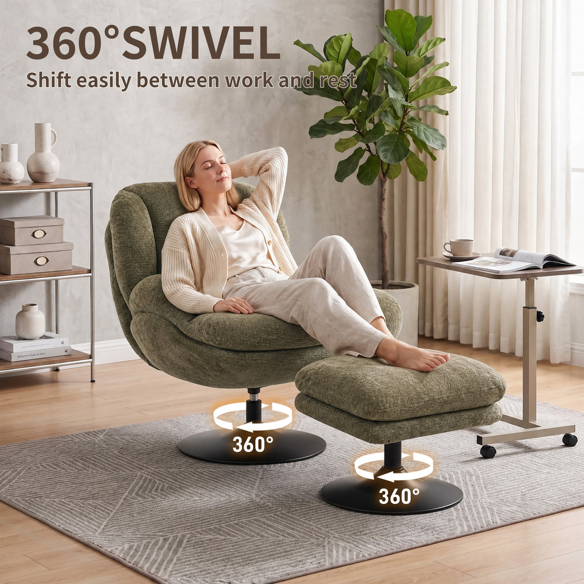 Chenille Fabric Armchair 69cm Wide With Ottoman - Velmora