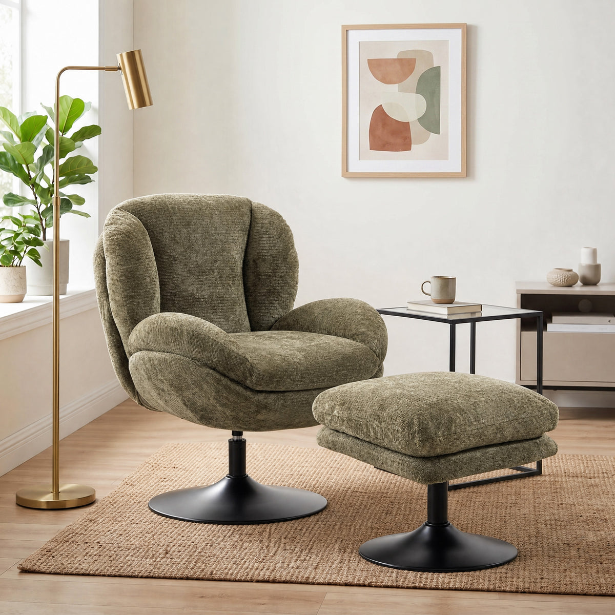 Chenille Fabric Armchair 69cm Wide With Ottoman - Velmora