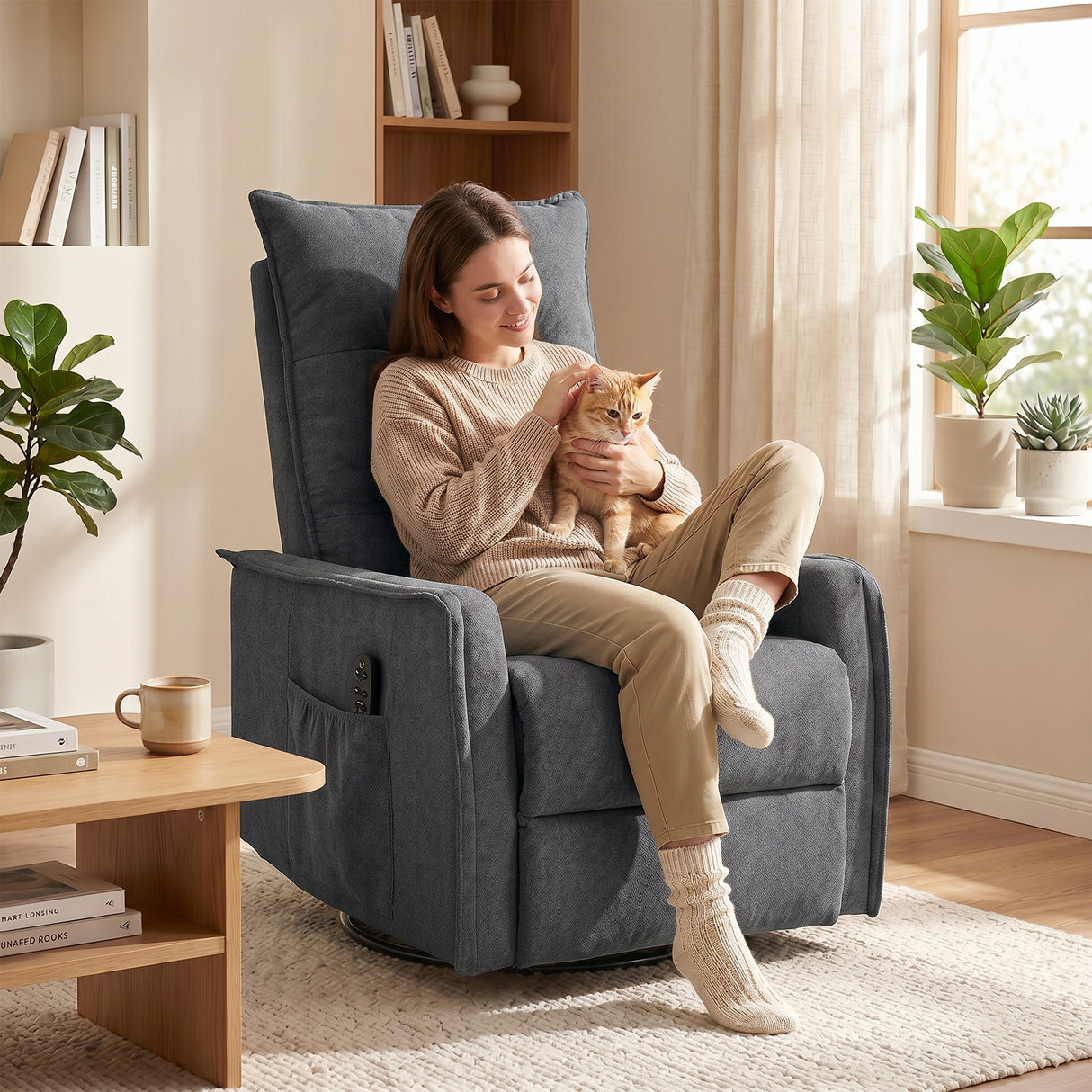 Chenille Fabric Recliner Chair 71cm Wide With Footrest - Velmora