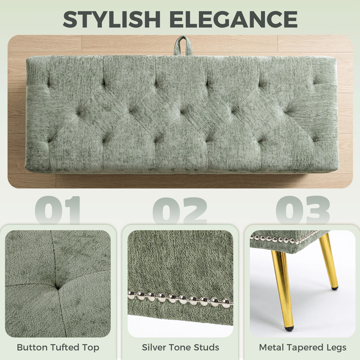 Chenille Fabric Storage Ottoman 114cm Wide With Metal Legs - Velmora
