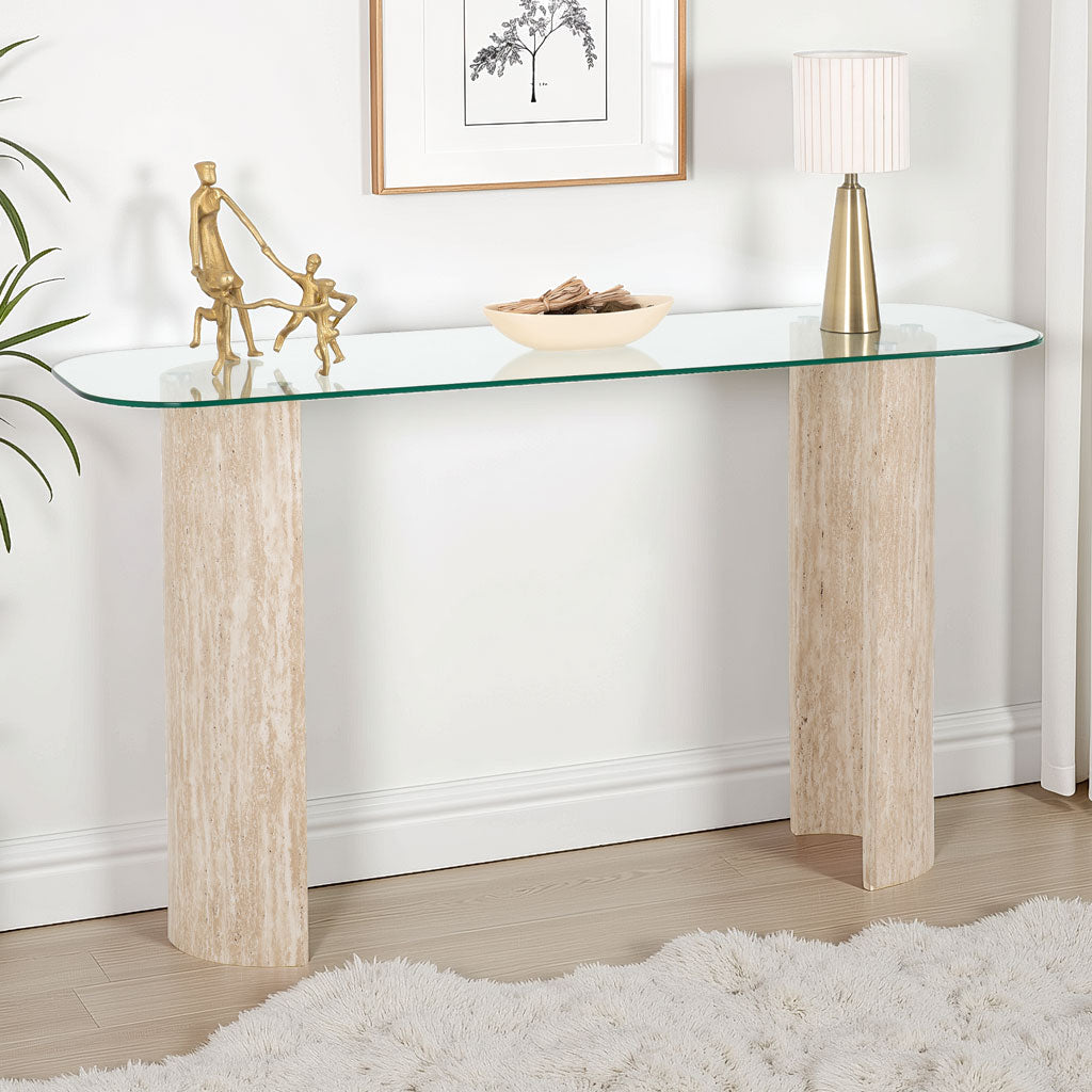 Clear Glass Console Table With Cream Marble Effect Base - Modena
