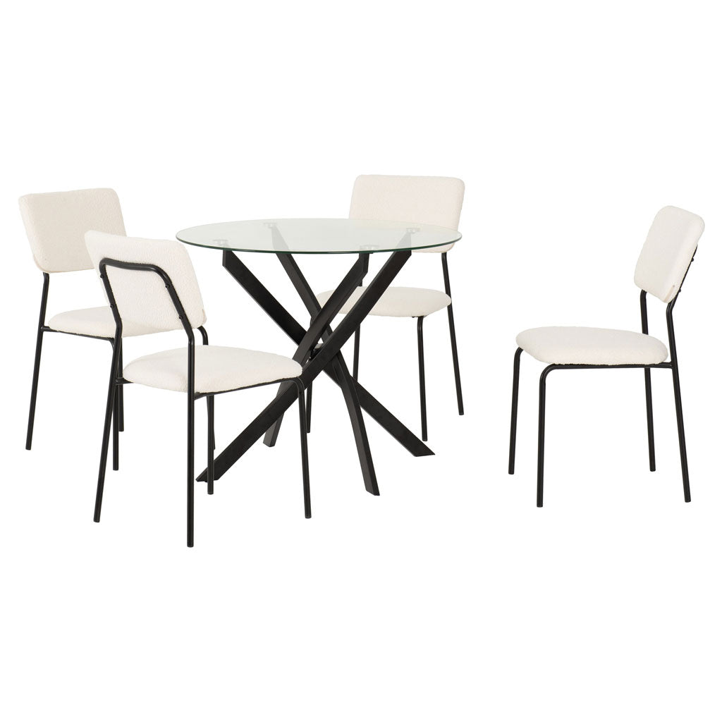 Clear Glass Dining Table With 4 Boucle Fabric Dining Chairs - Sheldon