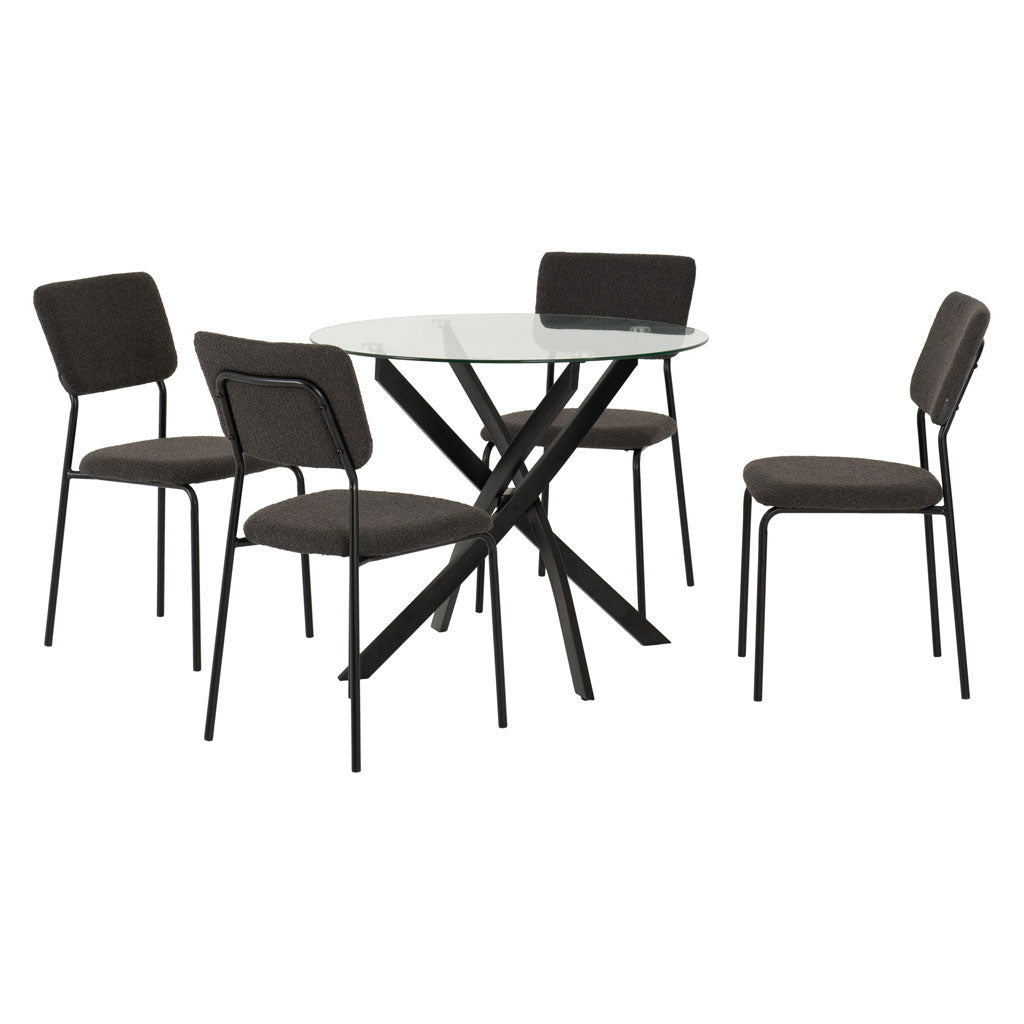 Clear Glass Dining Table With 4 Boucle Fabric Dining Chairs - Sheldon