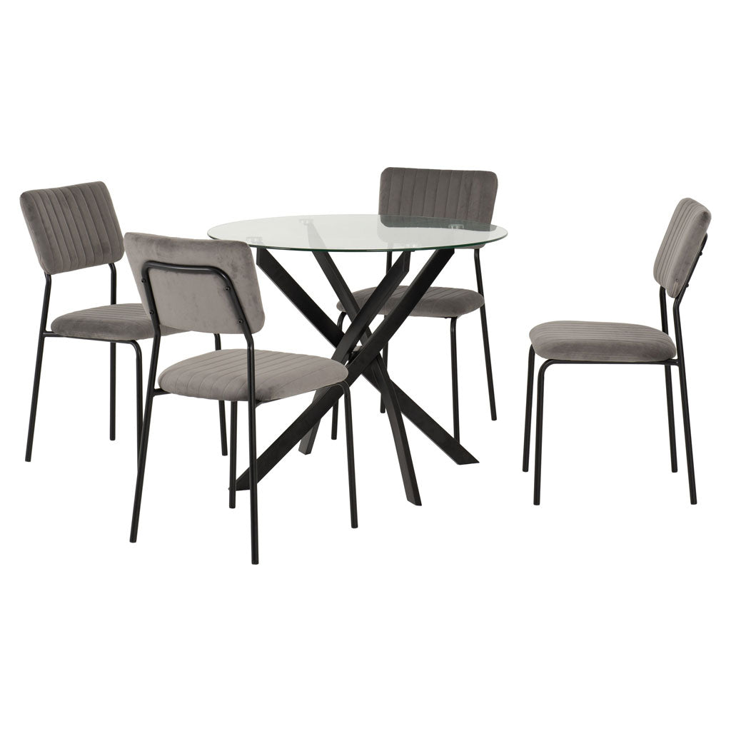 Clear Glass Dining Table With 4 Velvet Dining Chairs - Sheldon