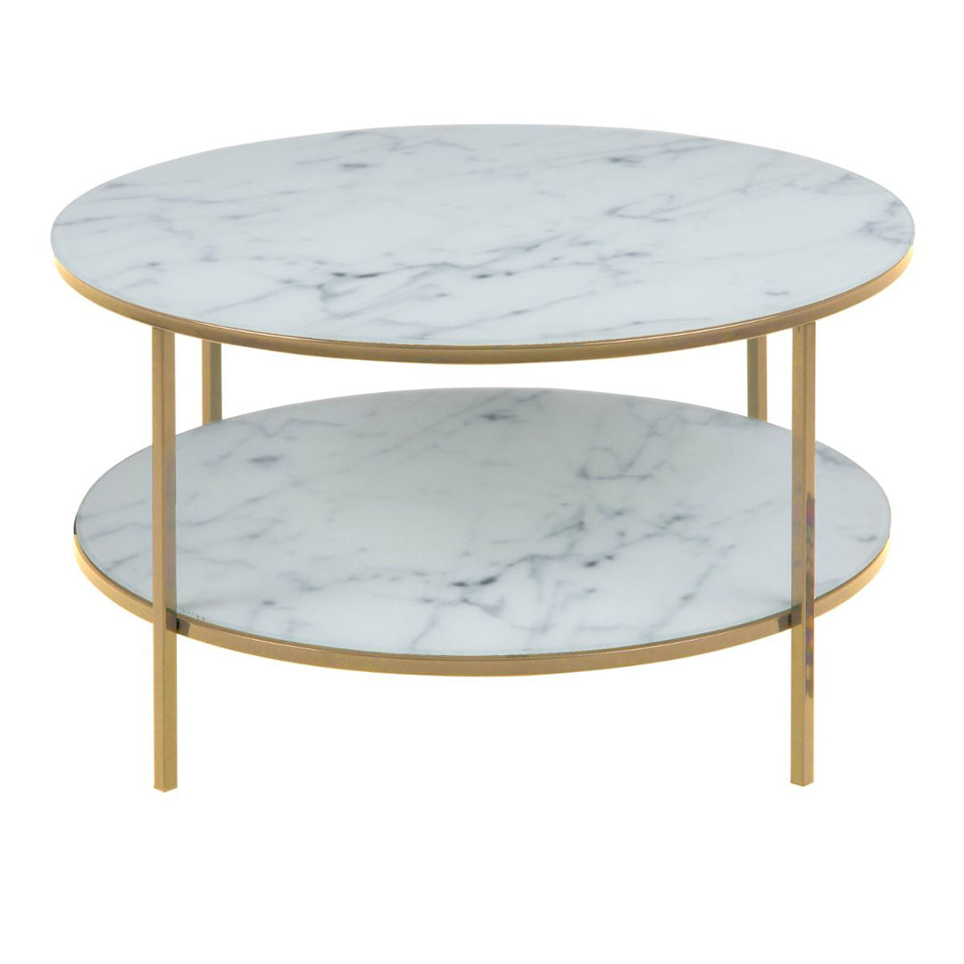 Crystal Clear Marble Effect Glass Top Coffee Table Round With Shelf - Alisma