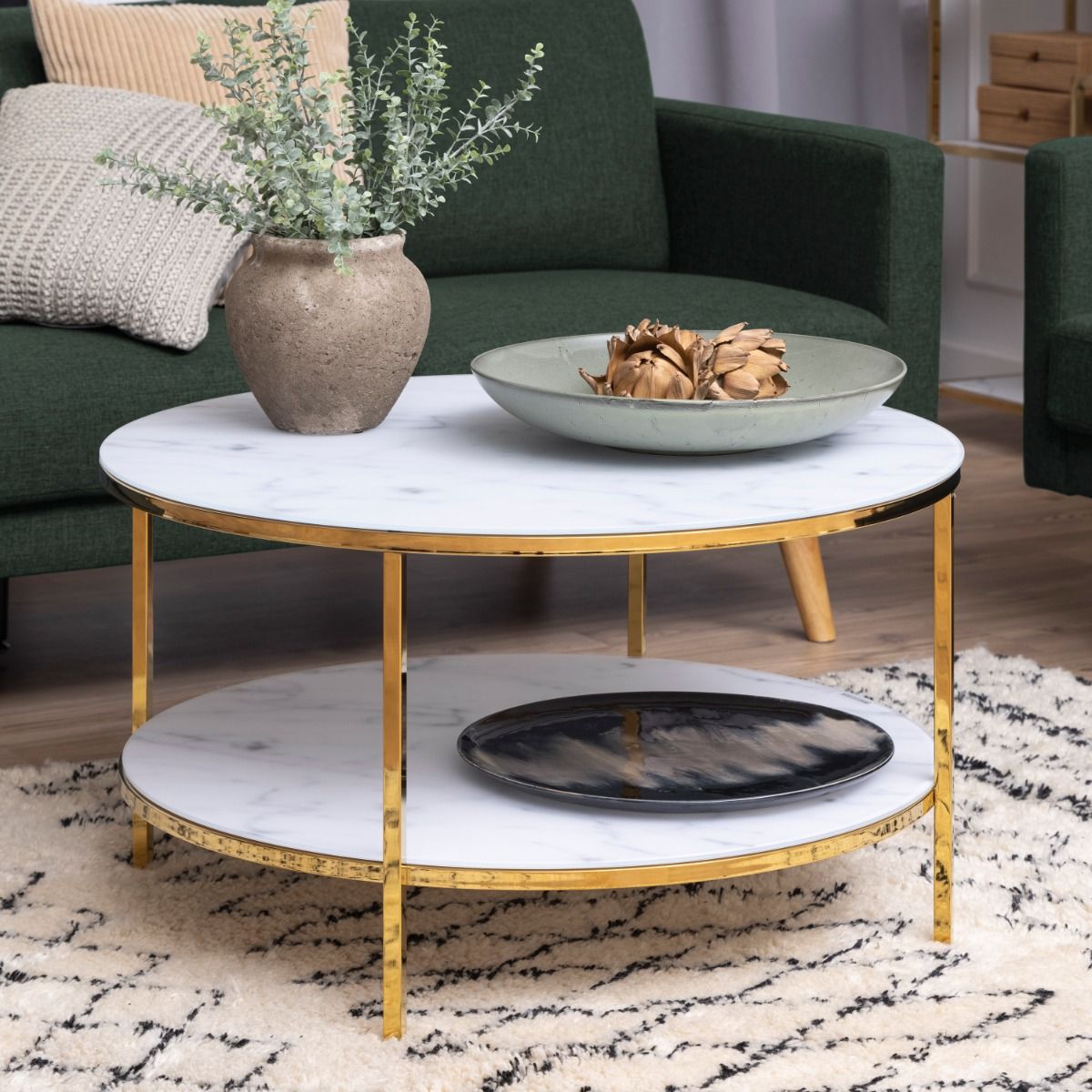 Crystal Clear Marble Effect Glass Top Coffee Table Round With Shelf - Alisma