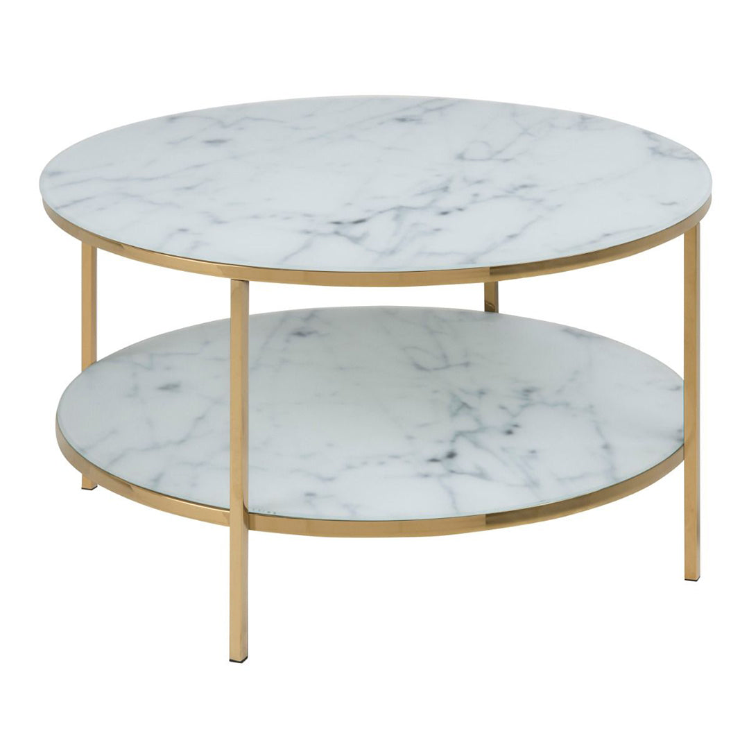 Crystal Clear Marble Effect Glass Top Coffee Table Round With Shelf - Alisma