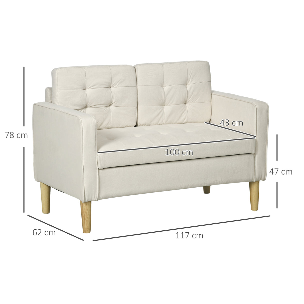 Fabric 2 Seater Sofa 117cm Wide With Rubberwood Legs - Velmora