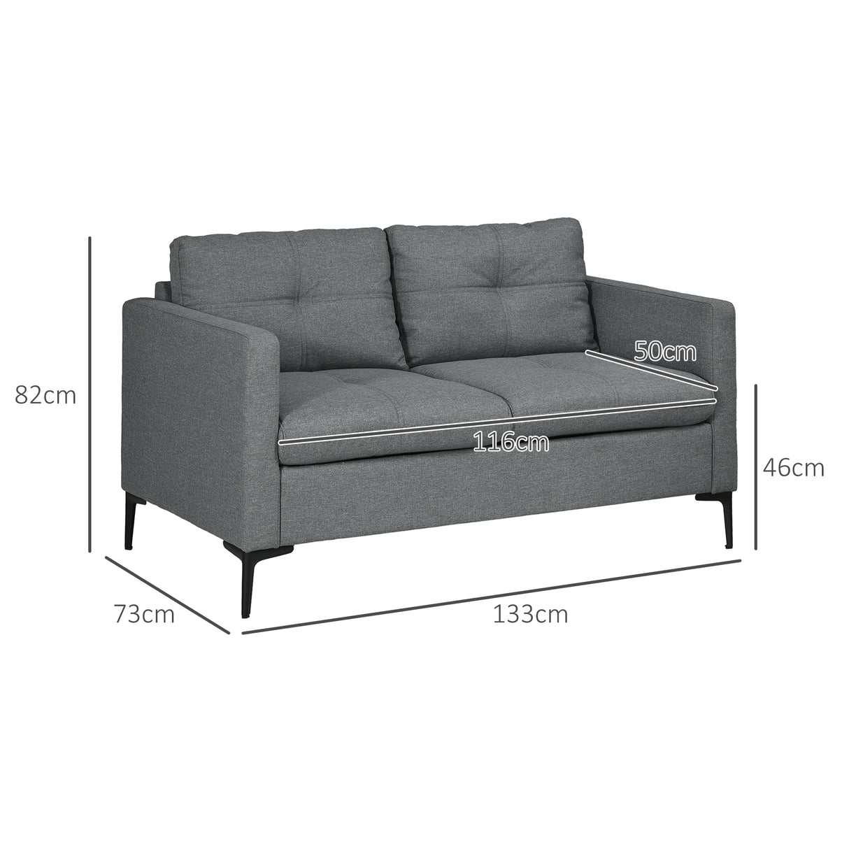 Fabric 2 Seater Sofa 133cm Wide With Steel Legs - Velmora
