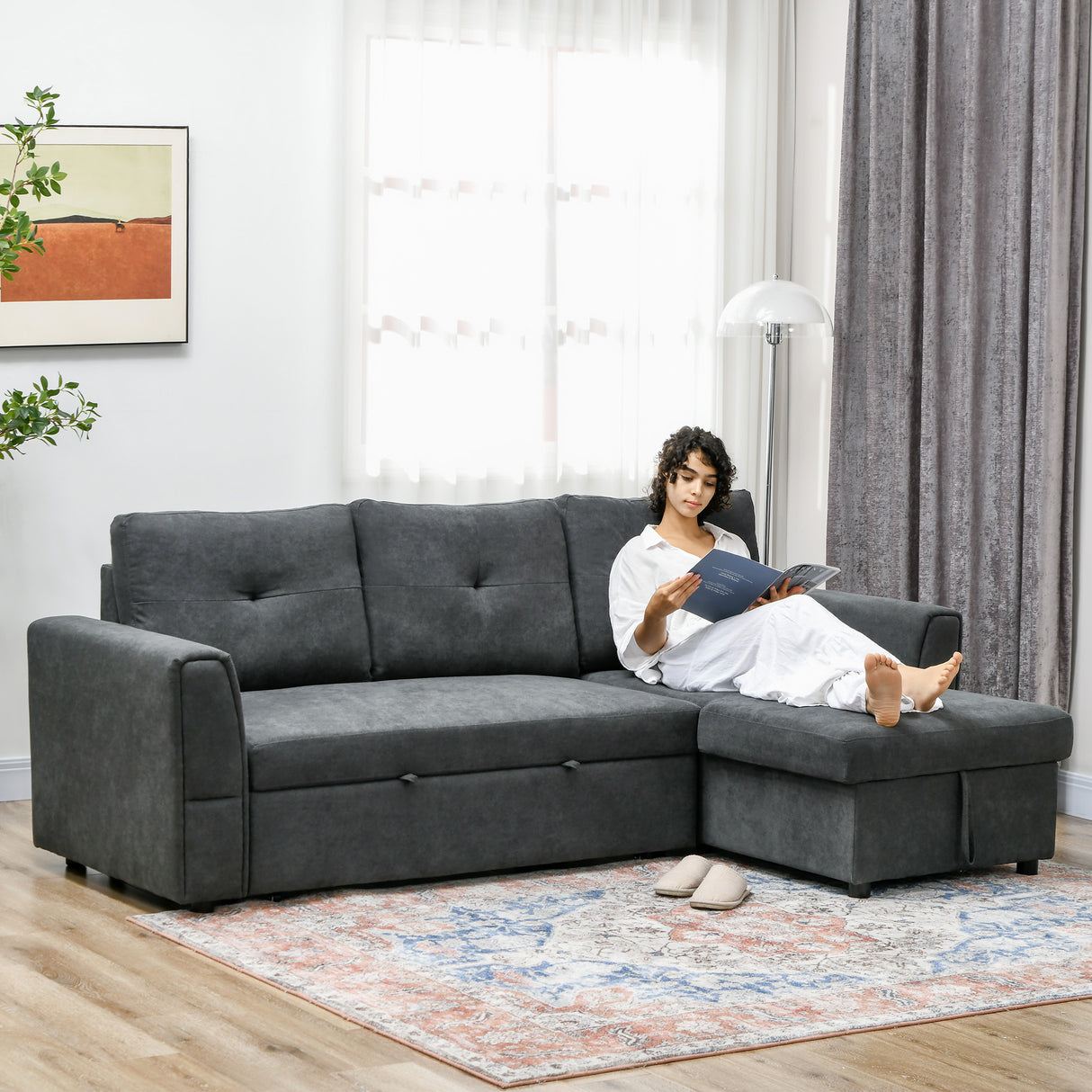 Fabric 3 Seater L Shape Sofa Bed With Storage - Velmora