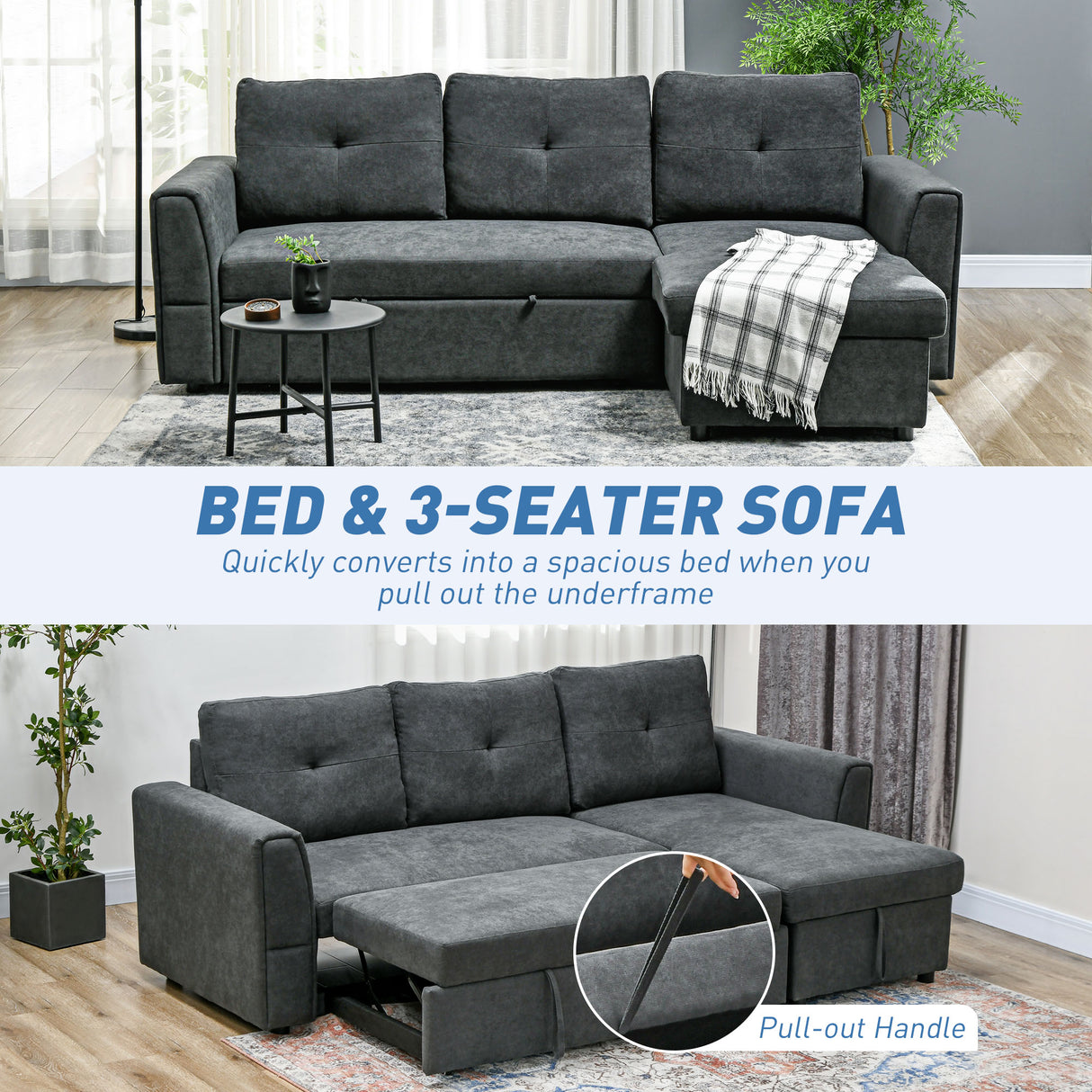 Fabric 3 Seater L Shape Sofa Bed With Storage - Velmora
