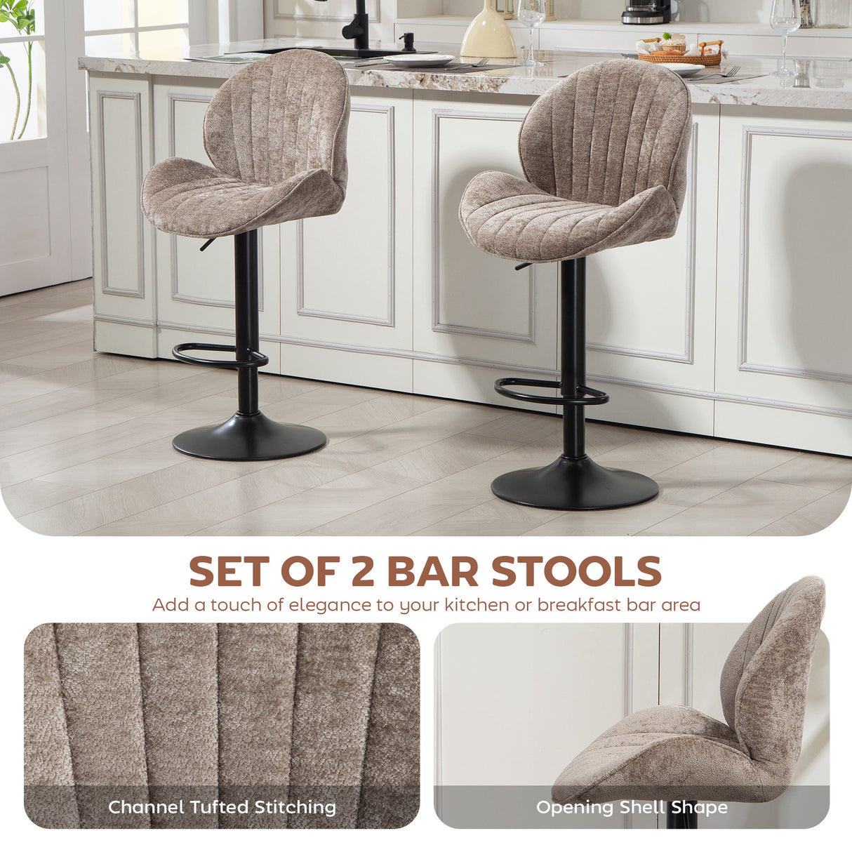 Fabric Adjustable Height Swivel Bar Stools Set Of 2 - Velmora