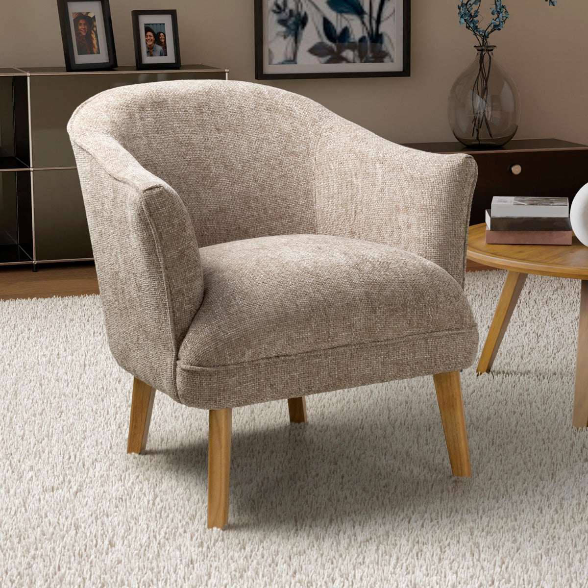 Fabric Armchair In Flax Effect With Natural Rubberwood Legs - Mallory
