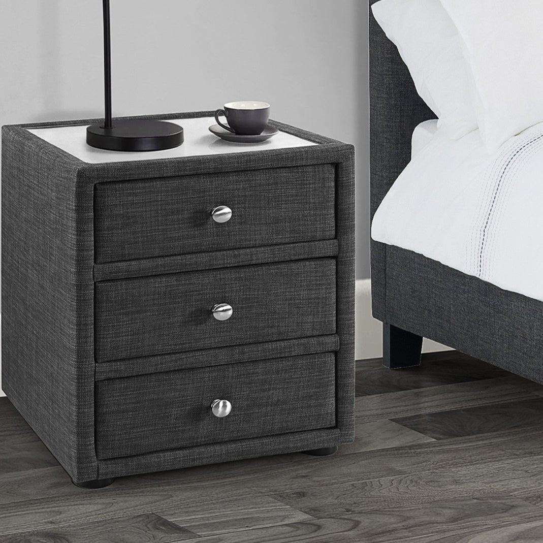Fabric Bedside Cabinet With Glass Top - Sorrento