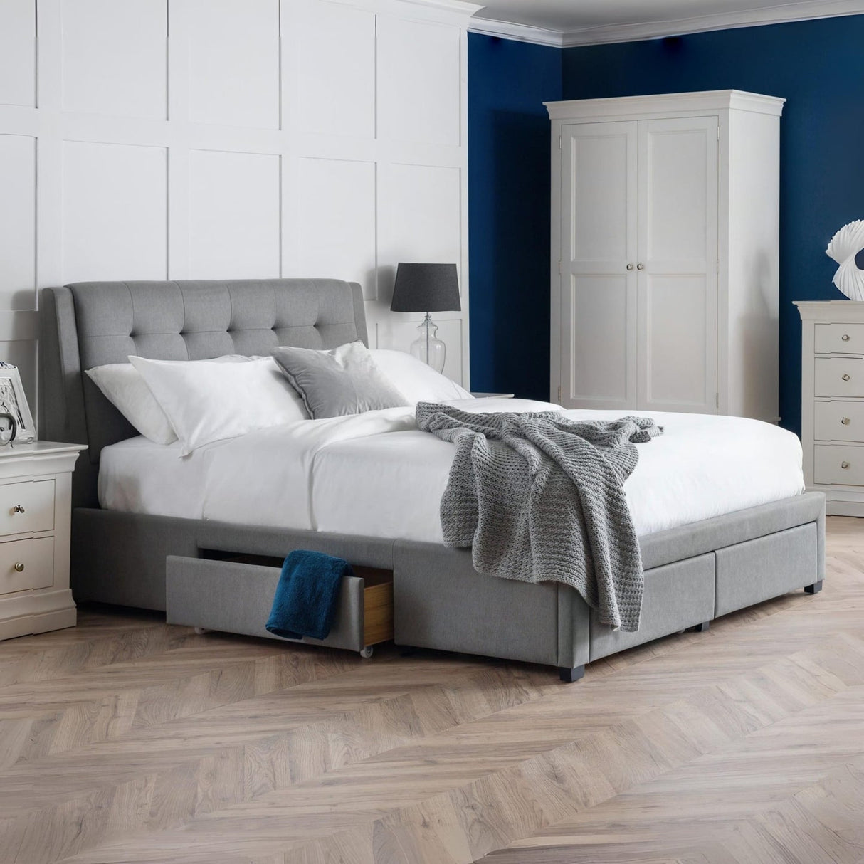 Fabric Double Bed With 4 Drawers - Fullerton